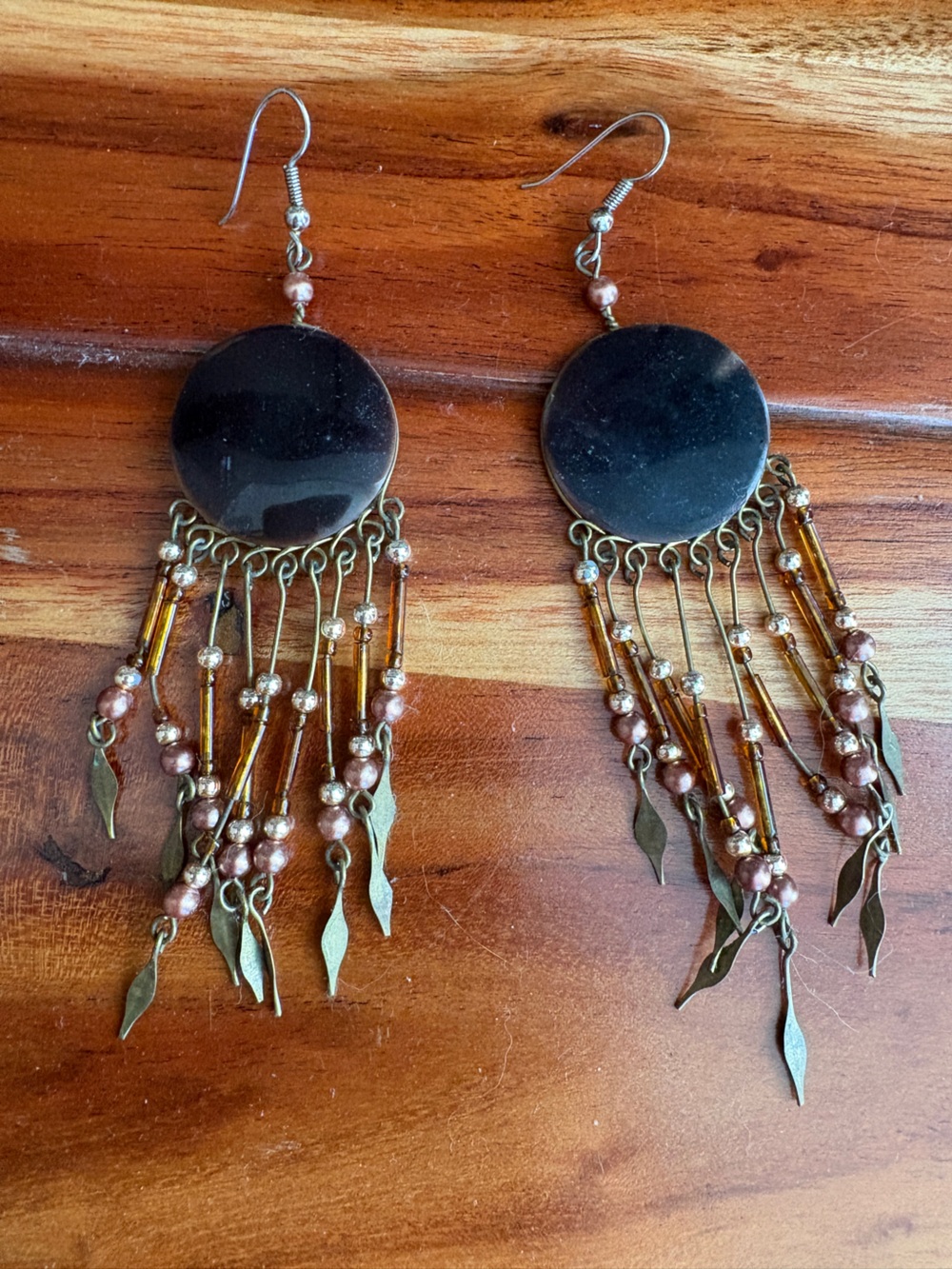 Vintage Natural stone and Brown Bead Fringe Earrings